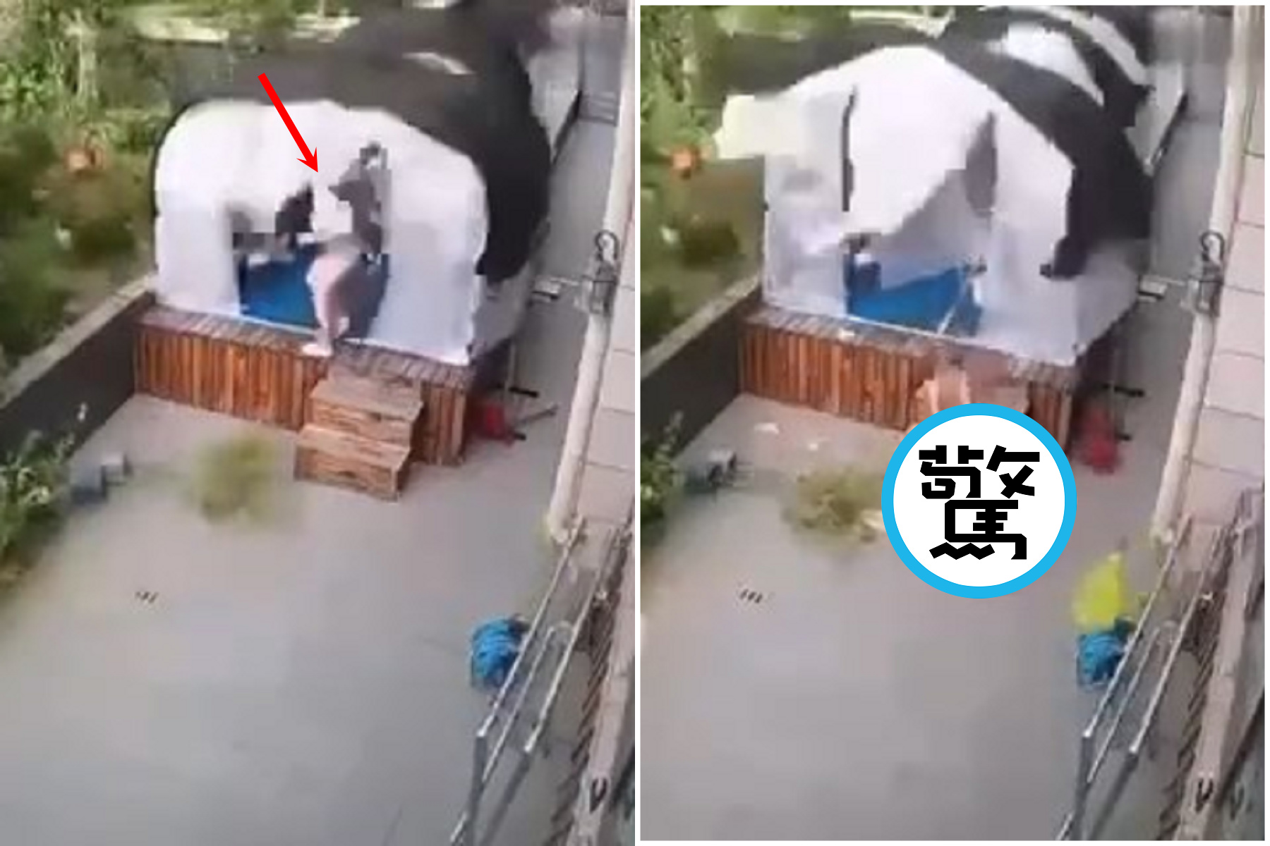 驚悚影片曝光！大風害她走光，女後退一步竟遭「天降磚頭」砸中慘死。（翻自微博）