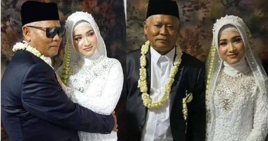 一段相差46歲的爺孫戀，盛大婚禮轟動印尼，沒想到2個月後就離婚。（翻攝Twitter）