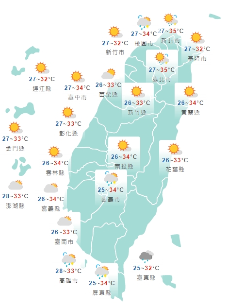 全台各地今日白天天氣狀況。（中央氣象局提供）