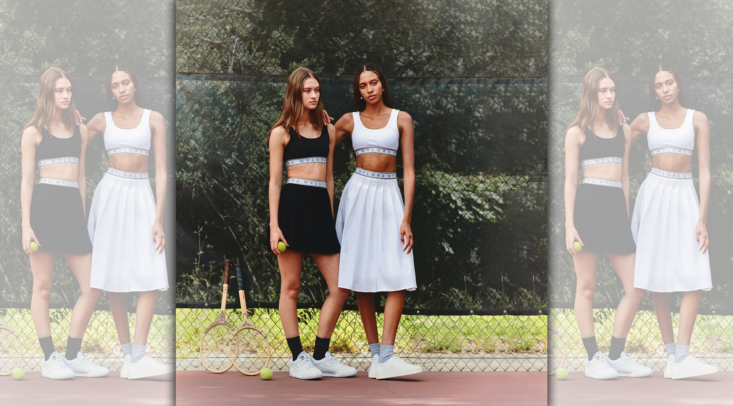 （左上）黑色運動內衣 NT$3,280、（左下）黑色百褶短裙 NT$5,780、（右上）白色運動內衣 NT$3,280、（右下）白色網球百褶長裙 NT$7,780。（ASPORT提供）