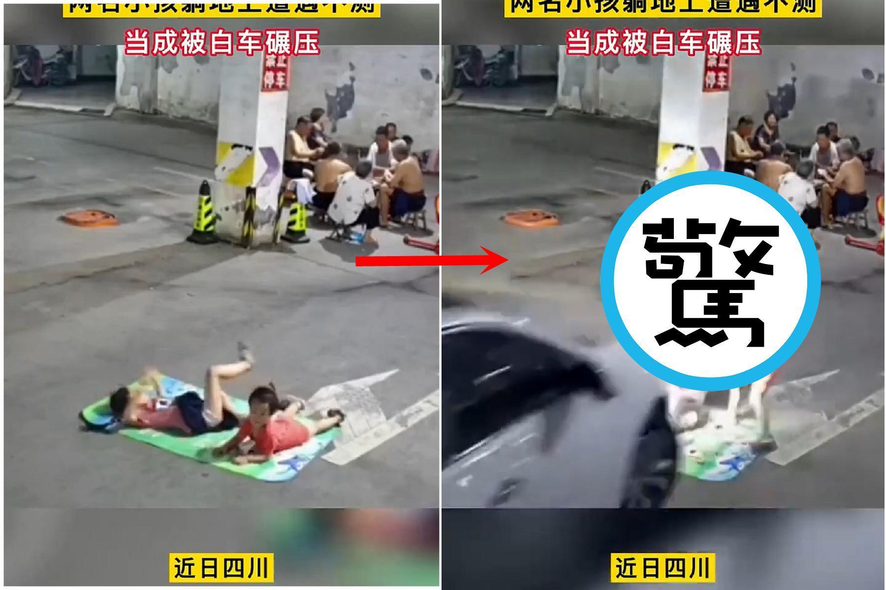 影片慎入！大人讓2女童睡停車場享涼快，下一秒直接遭車輾壓慘死。（翻自微博）