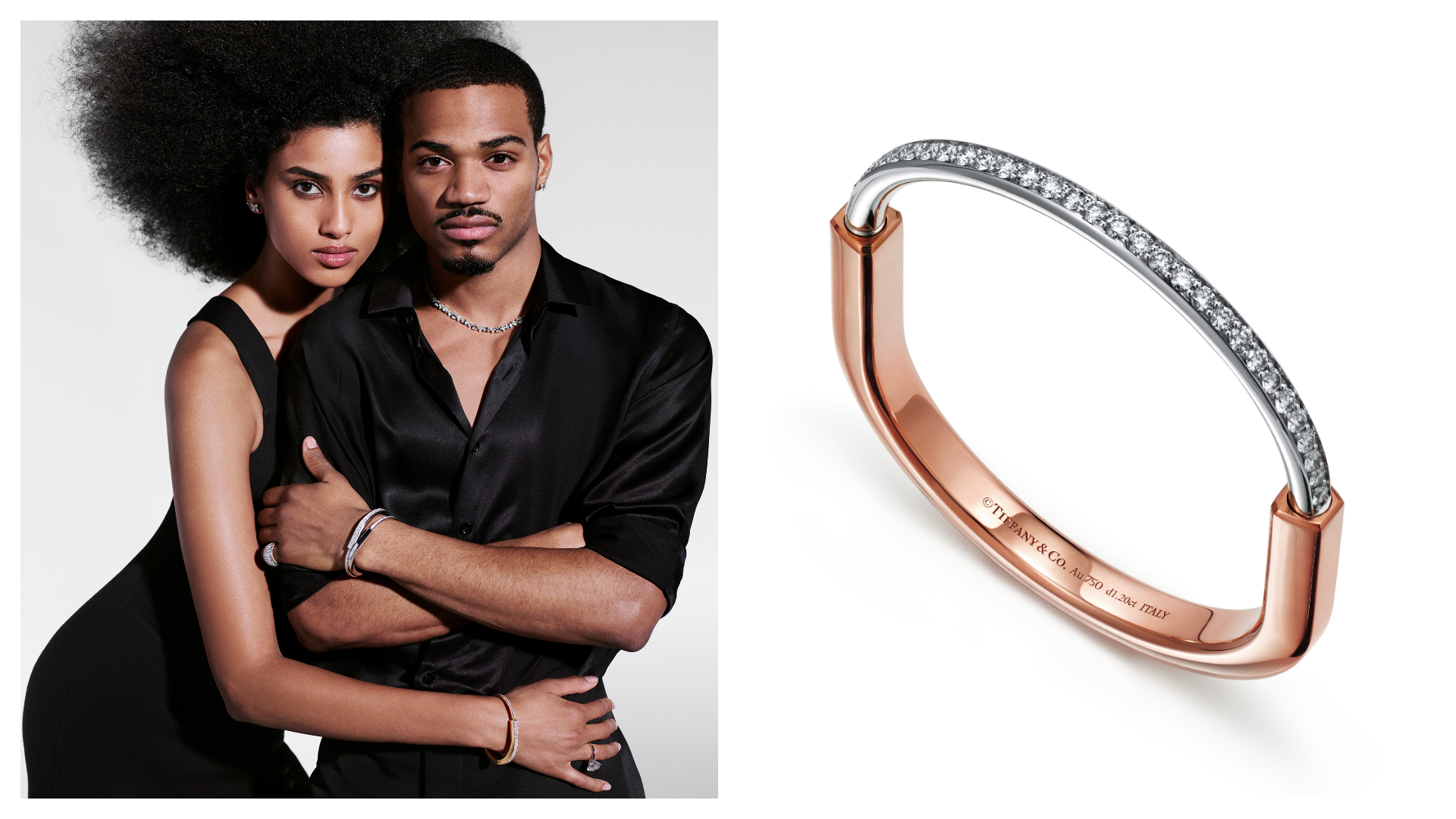 （左）Tiffany請來超模Imaan Hammam及美國滑板選手Tyshawn Jones一同詮釋全新Tiffany Lock中性系列。（右）Tiffany Lock 18K白金與玫瑰金鑲鑽手鐲 NT$384,000 Tiffany （Tiffany & Co.提供）