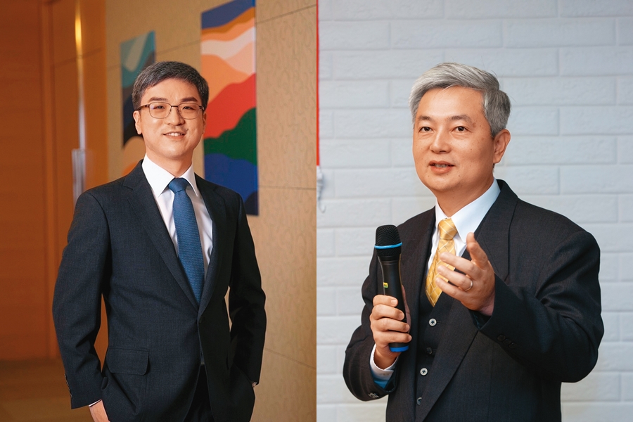 尹崇堯（左）的南山董座人事案8月初獲金管會核准，旋即正式公布參選政見；全球人壽董事陳慧遊（右）角逐壽險公會理事長，業者認為他的強項是豐富政商經驗。（南山人壽提供、本刊資料照）