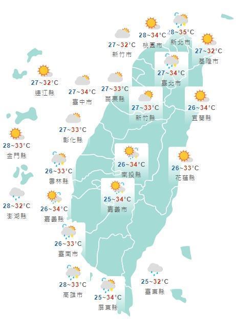 全台各地白天天氣狀況一覽。（中央氣象局提供）