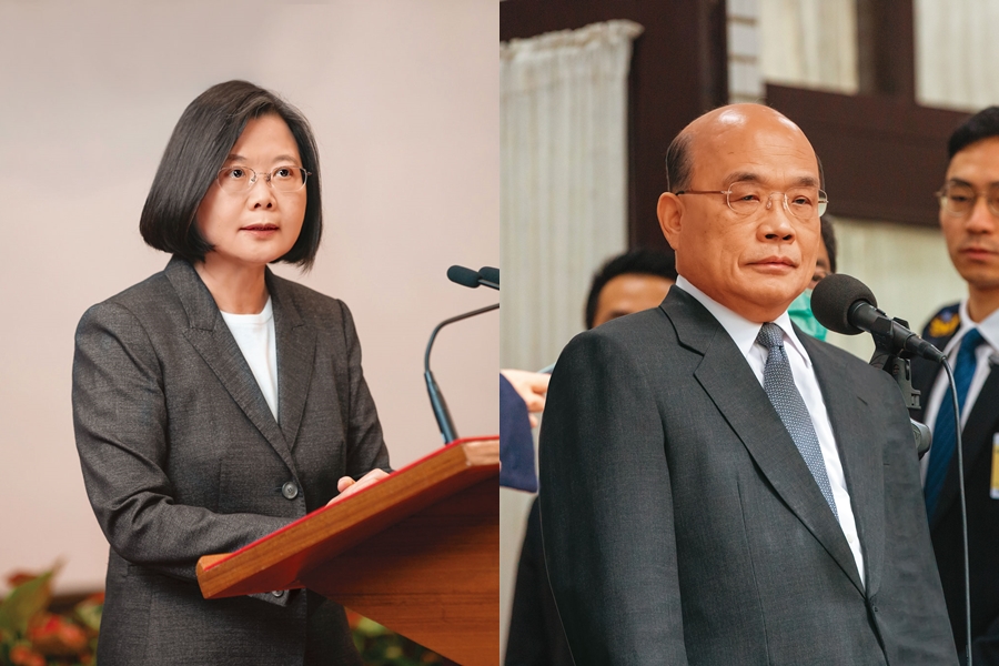總統蔡英文（左）兼任國安會主席，透過TRUST資安平台，確保公私部門資通安全；行政院長蘇貞昌（右）在裴洛西離台後，則要求各部會對於資安系統進行改進以防再有漏洞遭中國網軍攻擊。（左圖為總統府提供、右圖為本刊資料照）