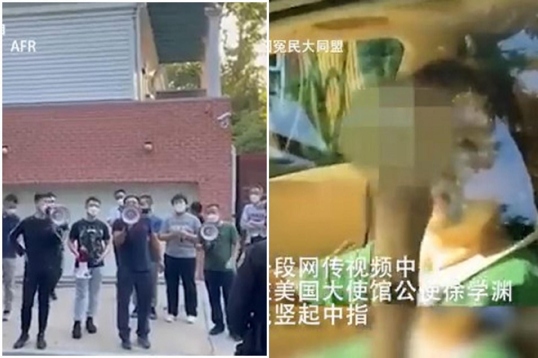 中國駐美公使比中指嗆民眾，大使館人員用大聲公罵髒話。（翻自推特）
