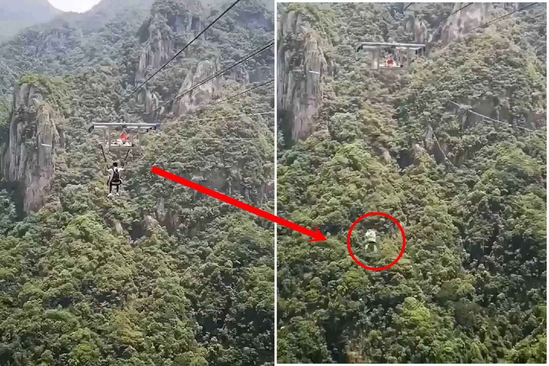 驚悚影片慎入！男玩極限活動，瞬間從高空墜落「被消失」。（翻自微博）
