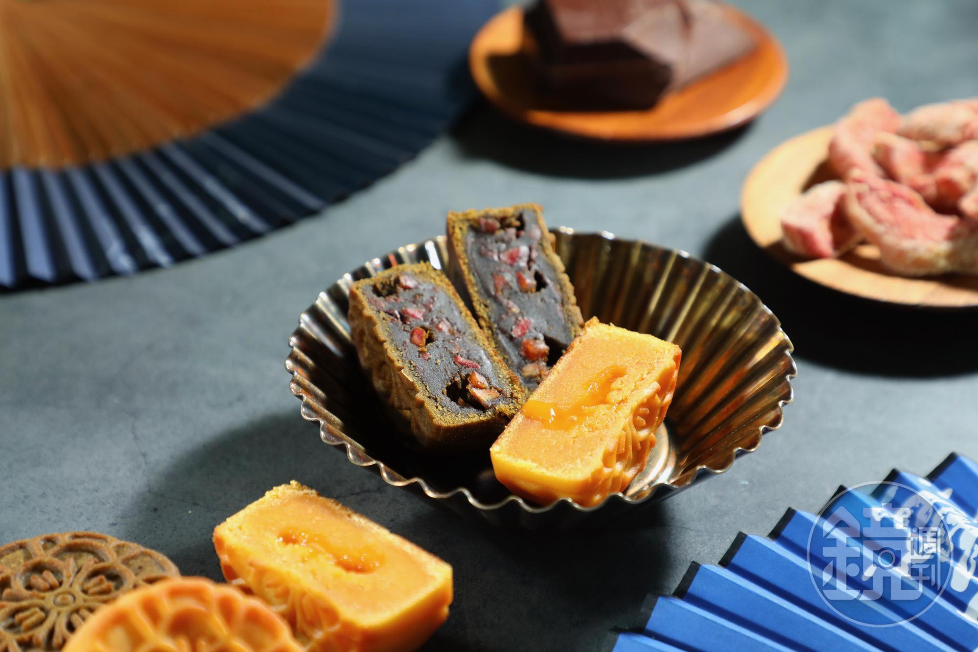 經典、創新兼具的「花好月圓禮盒」,細膩的日式桃山餅皮,搭配經典奶黃流心,及紅烏龍巧克力芭樂創意口味。(700元/盒,4入,2款口味各2個)