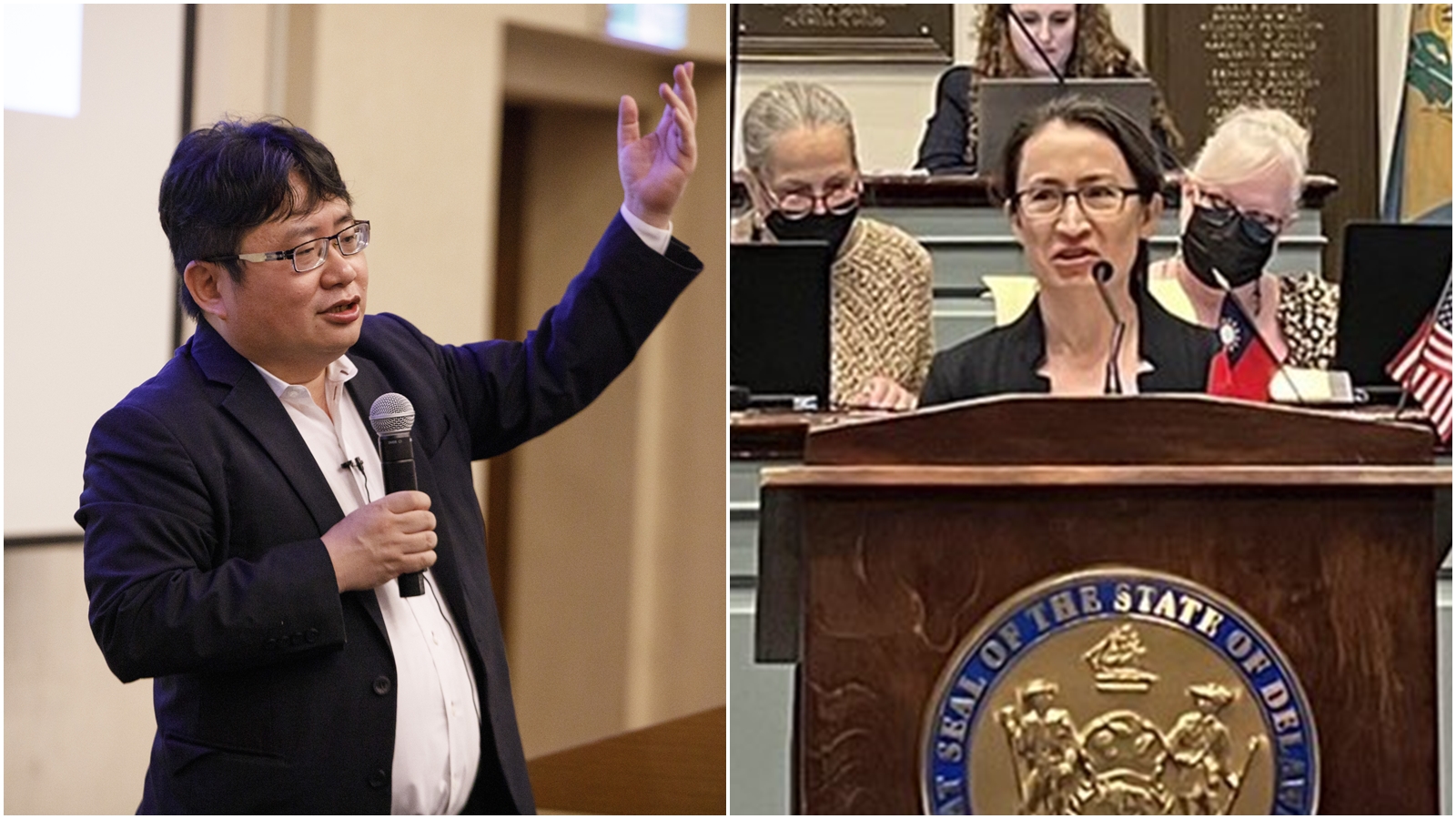 蕭美琴（右）強調壓迫只會帶來更多反抗，而矢板明夫（左）也給國民黨的統派人士忠告。。（本刊資料照、翻攝自蕭美琴推特）