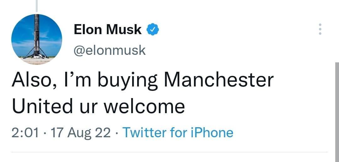 馬斯克透露自己正在收購曼聯。(翻攝 Elon Musk推特)