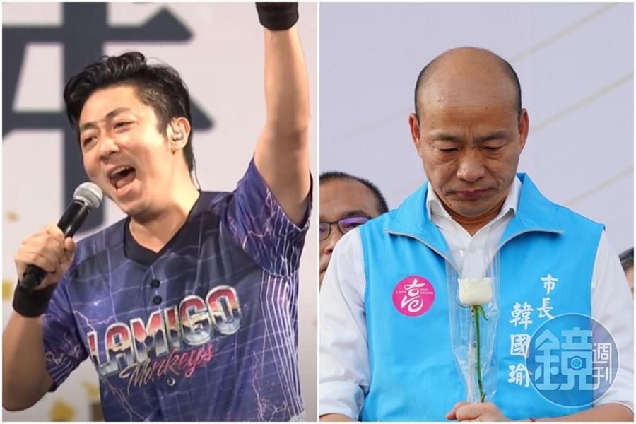 高雄前市長韓國瑜（右圖）在臉書發文哀悼，期盼艾成（左圖）到另一個世界能從此安詳快樂。（左圖翻攝自韓國瑜臉書）