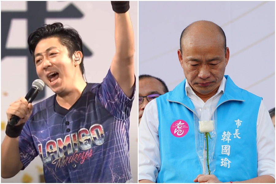 高雄前市長韓國瑜（右圖）在臉書發文哀悼，期盼艾成（左圖）到另一個世界能從此安詳快樂。（左圖翻攝自韓國瑜臉書）