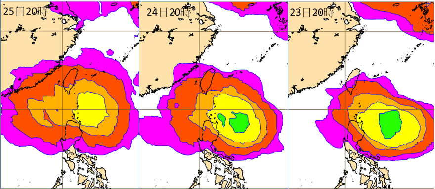 最新歐洲(ECMWF)系集模式模擬圖顯示,下週二(23日)台灣東南方有「熱帶擾動」醞釀及活動的機率(右圖),下週三、四(24、25日)往西北移動(中、左圖),但不確定性範圍橫跨台灣東部海面至呂宋島。(翻攝自「三立準氣象· 老大洩天機」)