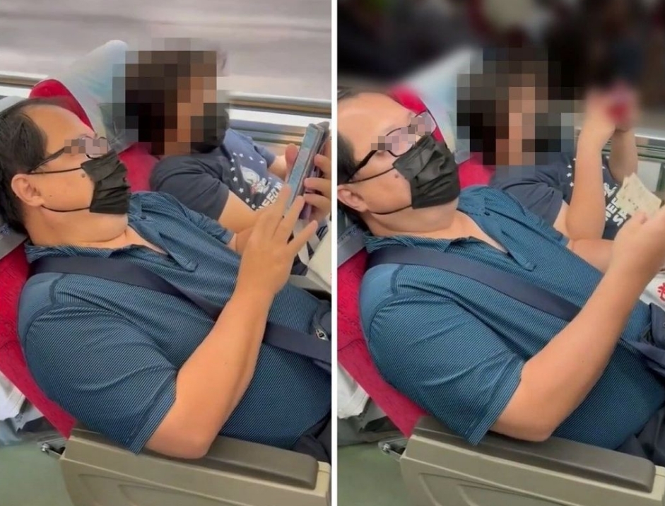 一名男子帶兒子搭火車卻強占他人座位，還大言不慚說出「阿呆」「妳惹不起」等言語。（翻攝自爆料公社官網）