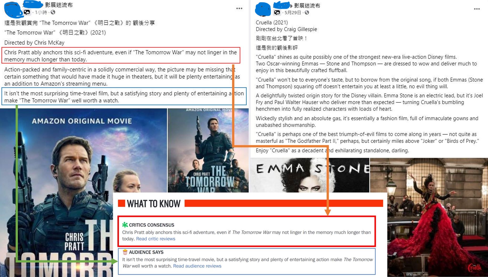 劉宇貼出，焦男的影評與國外的評論。（翻攝自劉宇臉書）