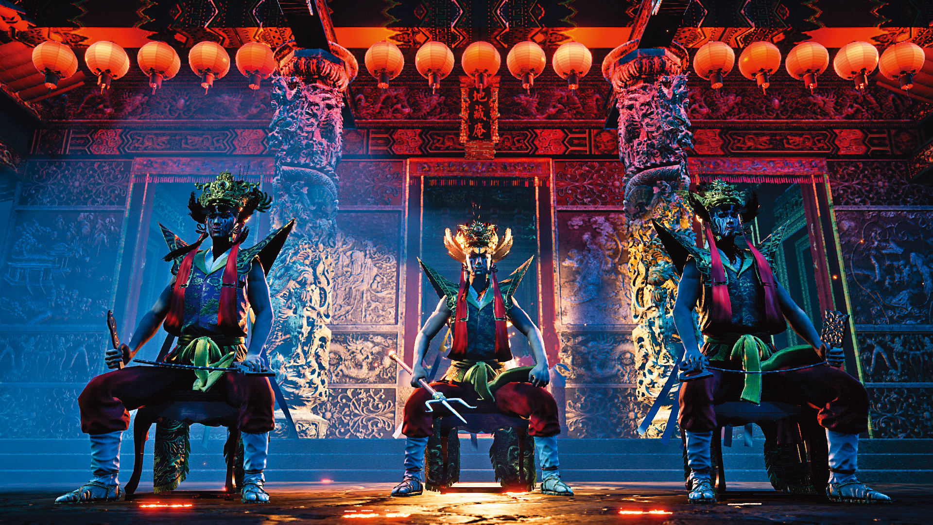 陣頭文化是《打鬼》系列電玩的重要元素,圖為遊戲中地藏王菩薩的護法「官將首」。(林岳漢提供)