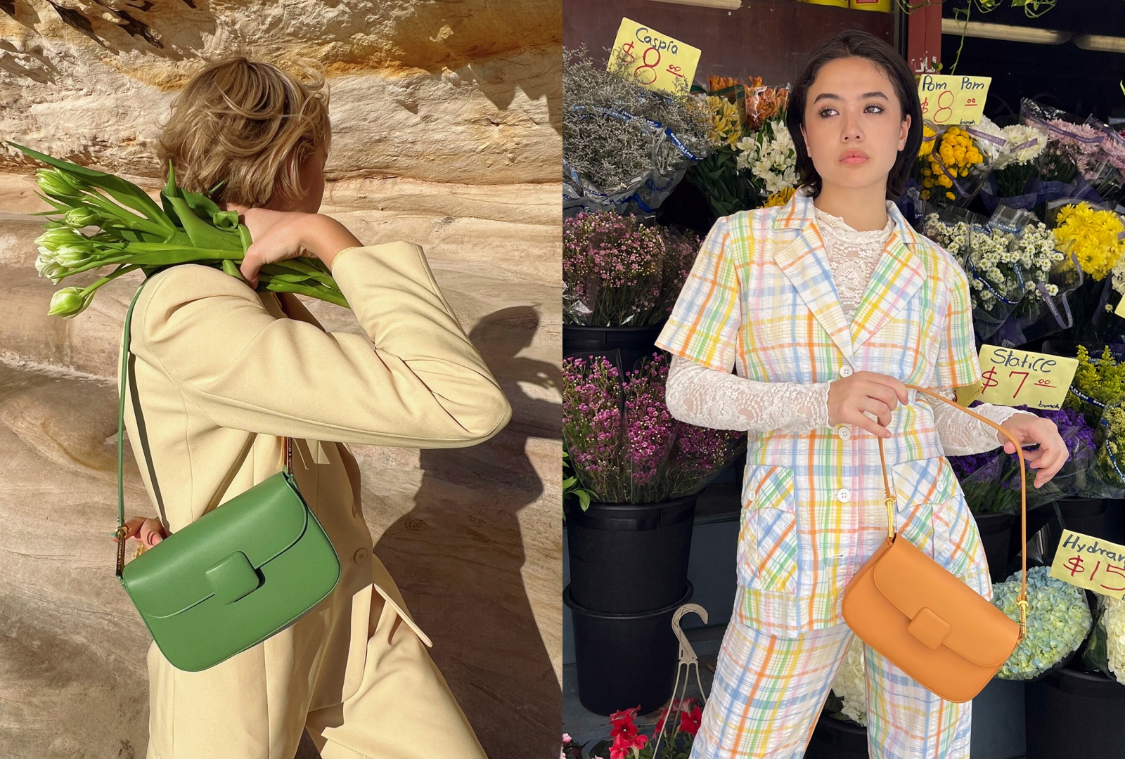 （左起）澳洲創意總監Violet Grace Atkinson、美國知名KOL Olive Eng Canty皆示範Koa包款搭配方式。各NT$2,590（CHARLES & KEITH提供）
