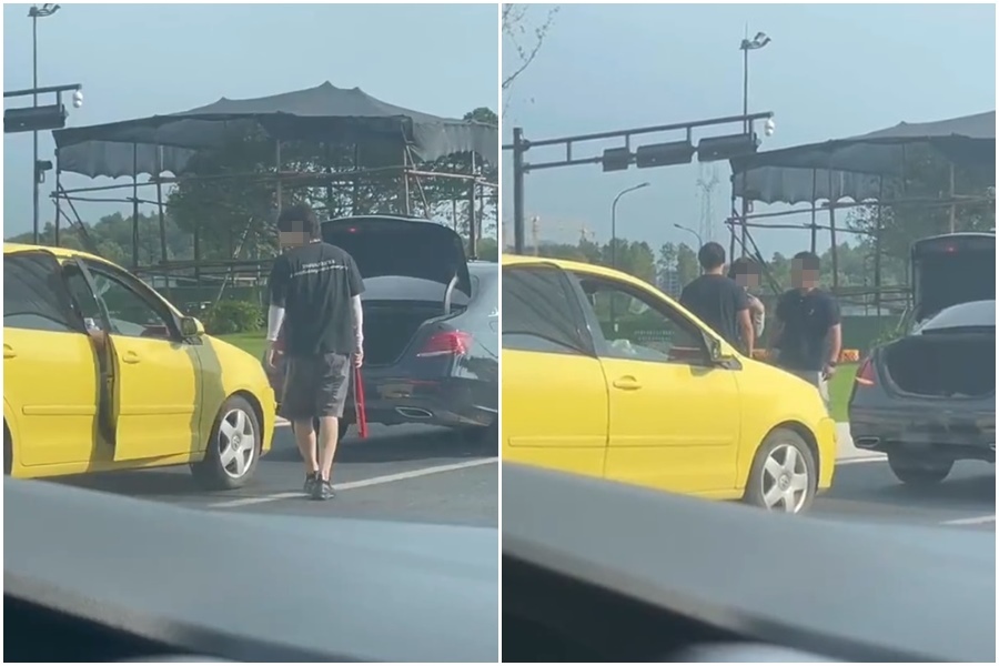 賓士男不滿被後車按喇叭，拿出球棒想「輸贏」，怎料下車的是兩名壯漢，手中的球棒瞬間「不舉」。（翻攝微博）