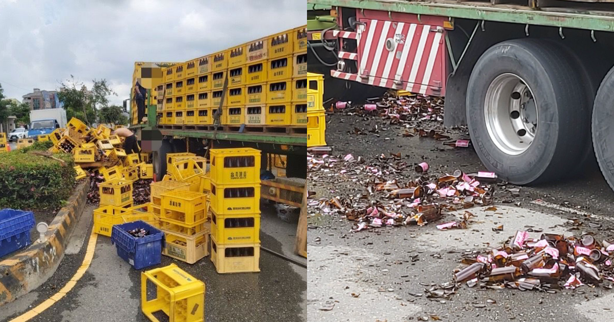 一輛載滿米酒的曳引車因繩索斷裂,米酒就這樣散落在大馬路上。(翻攝畫面)