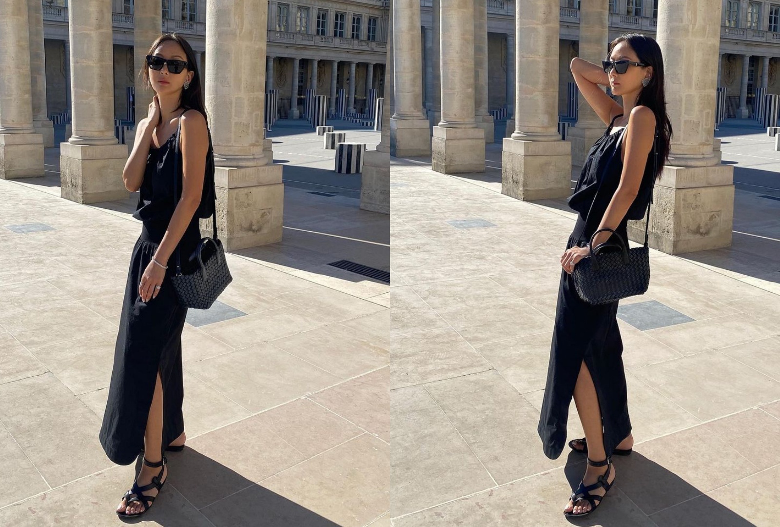 孫芸芸在歐洲旅遊時，以全黑服裝look搭配黑色BV Mini Cabat。（翻攝自孫芸芸IG）