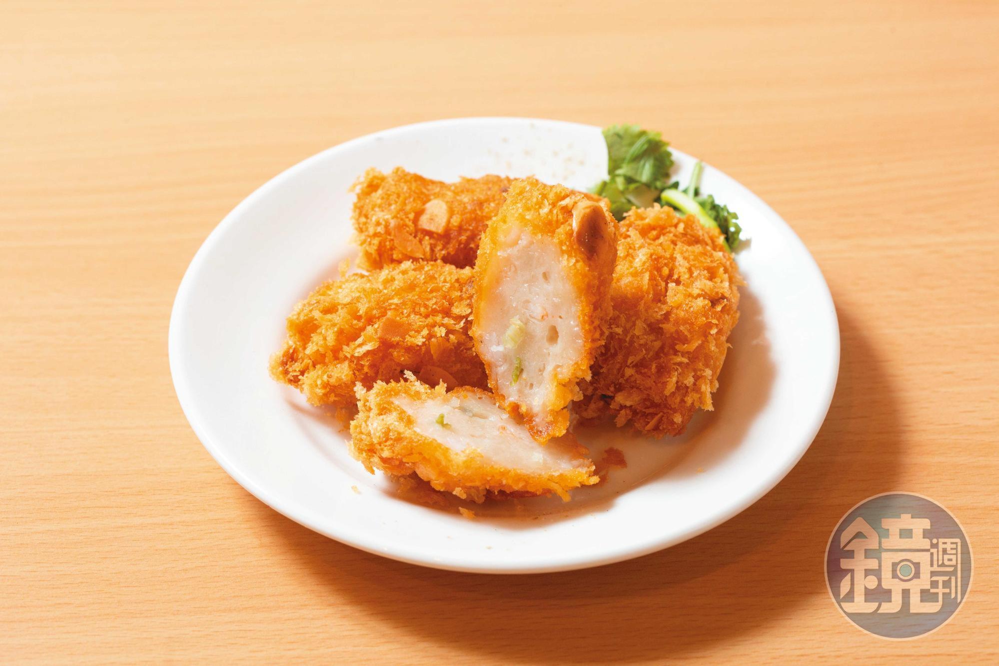 陳勁宏接手老店後，加進古早味辦桌菜蝦棗，由旗魚漿混合蝦仁製作，很受歡迎。（60元／份）