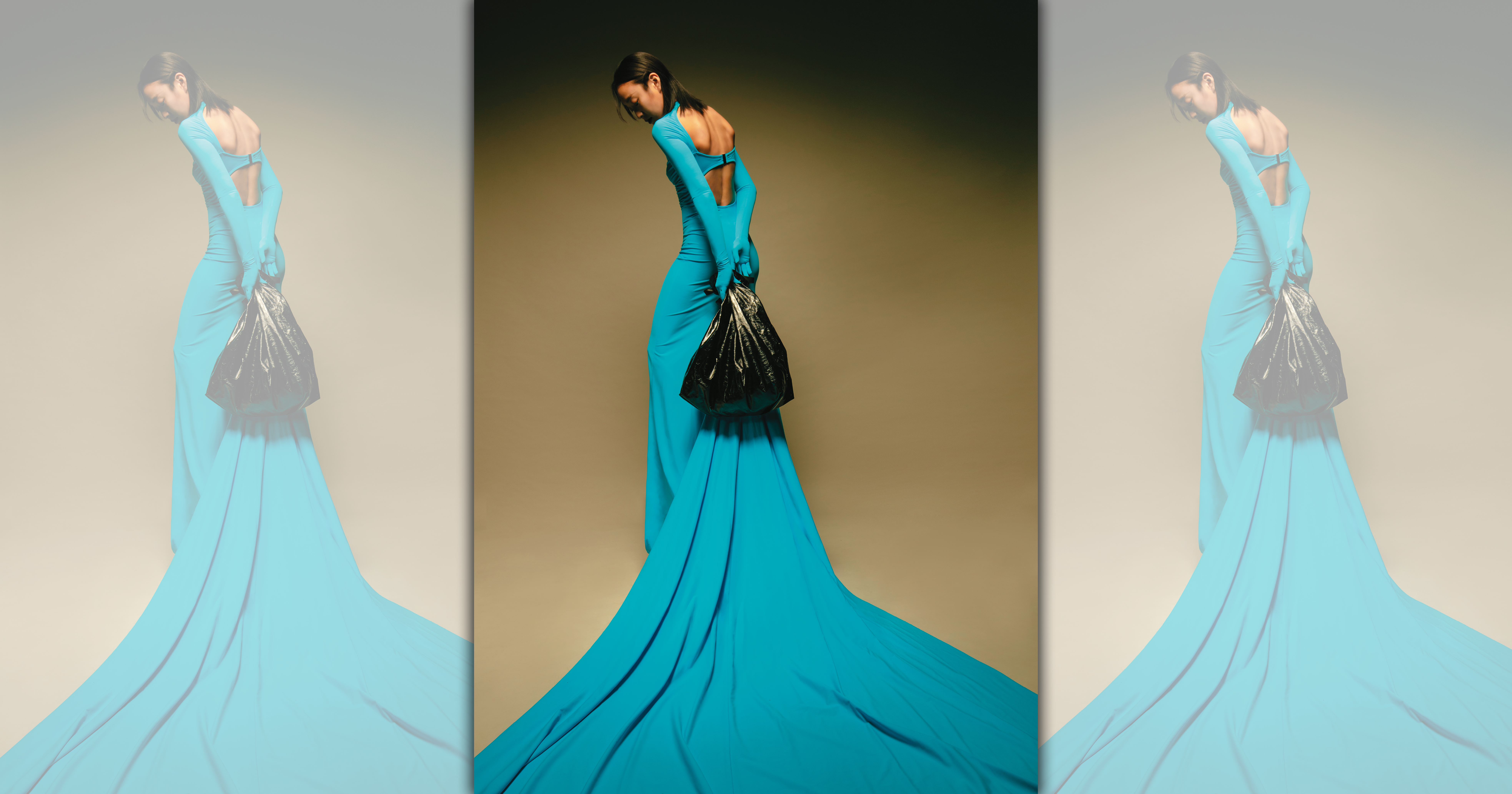 黑色Trash Bag黑色束口袋包 NT$55,800 by BALENCIAGA／藍色長拖襬緊身洋裝 價格店洽 by BALENCIAGA