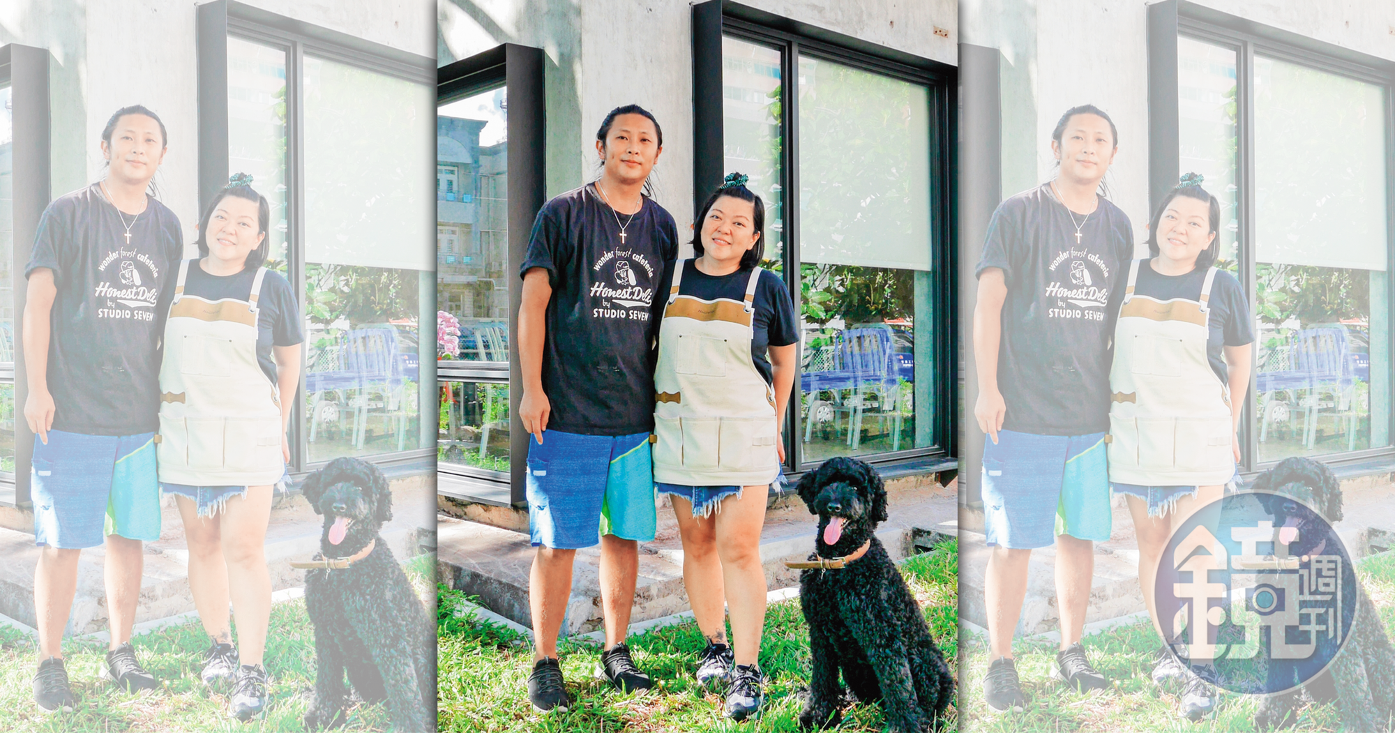 杜詩梅和老公莊植蘢與愛犬在花蓮經營的餐館「梅蘢鎮」剛剛開張。