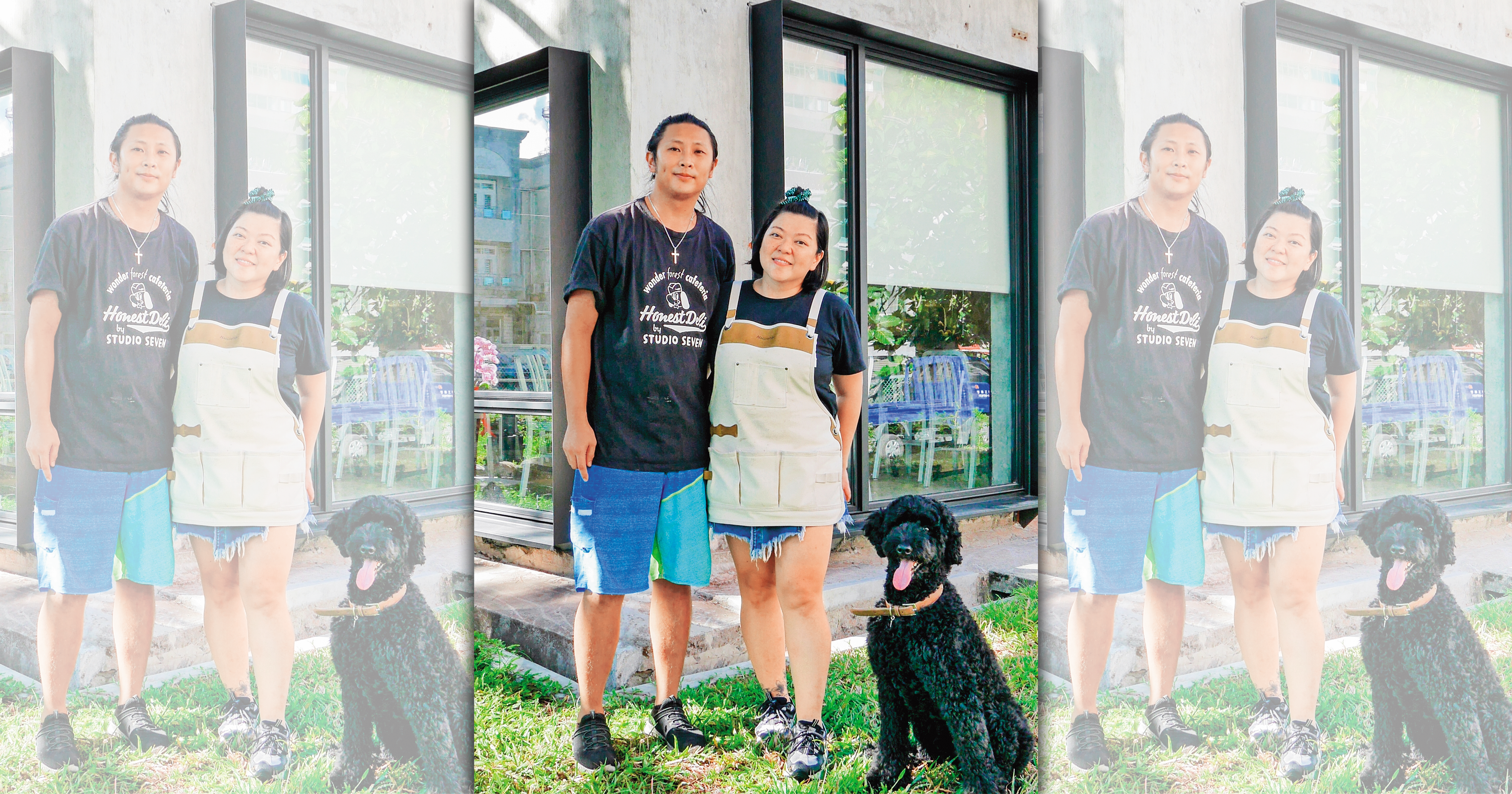 杜詩梅和老公莊植蘢與愛犬在花蓮經營的餐館「梅蘢鎮」剛剛開張。