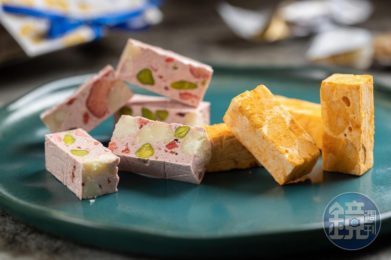 「覆盆子草莓牛軋糖」(左,430元/200g)鮮酸甜蜜,「匈牙利紅椒牛軋糖」(右,330元/200g)鹹甜交織,口味獨特,調味帶有辨識度。