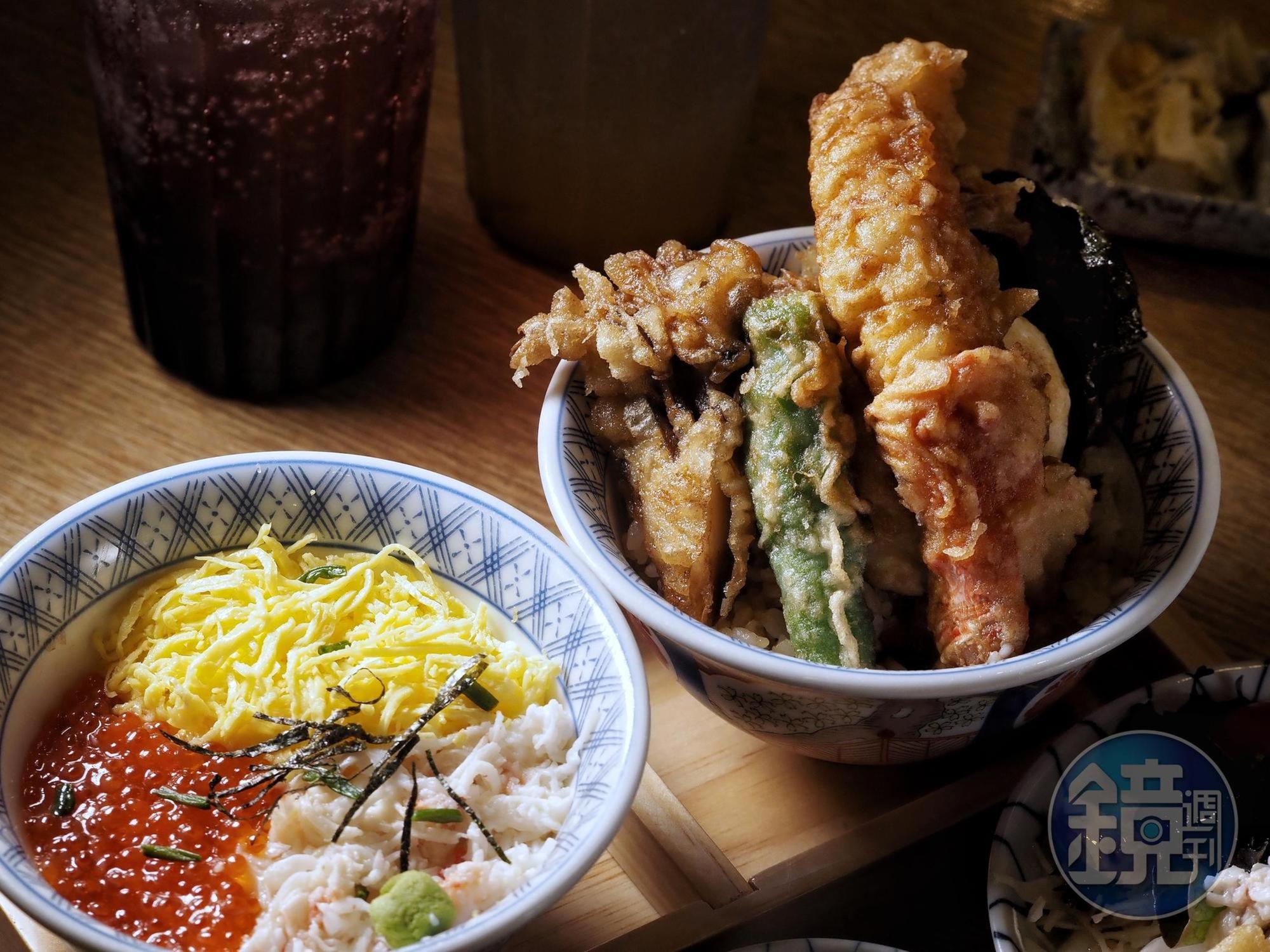 「帝王蟹三彩丼」(左)口感蓬鬆甜潤;「帝王蟹天丼」(右)則同樣有半熟蛋的濃滑滿足。(皆為帝王蟹五品御膳內容)