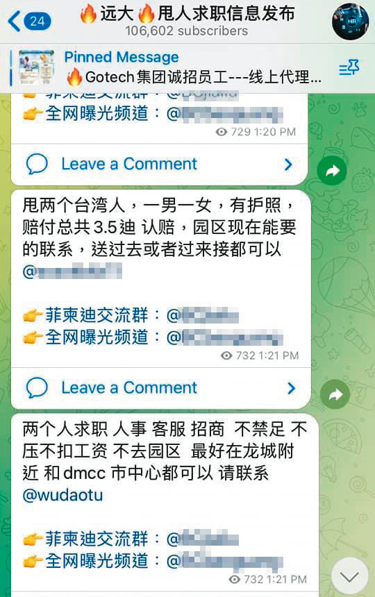 加密通訊軟體Telegram的東南亞人力仲介、人口轉賣群組,仍不時看到轉賣台灣人的訊息。(翻攝自網路)