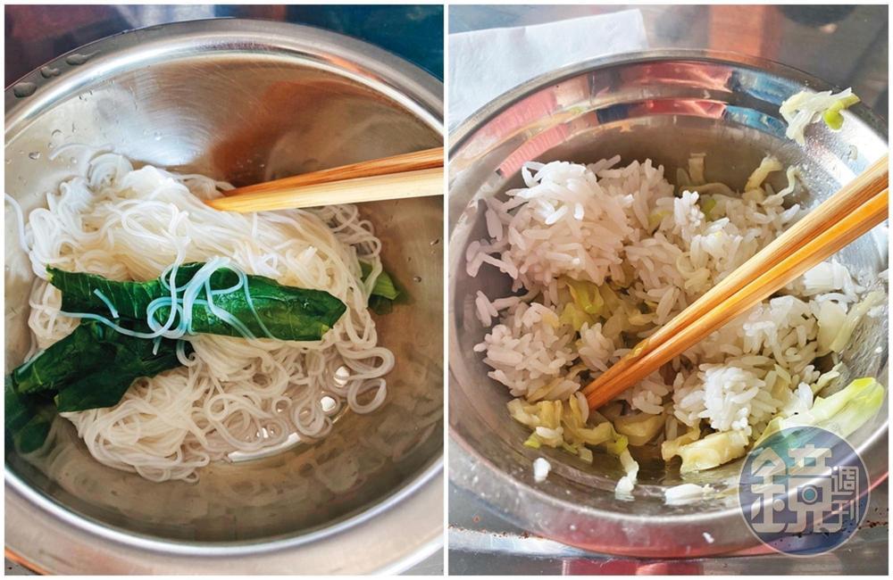 楊維斌在柬埔寨的伙食,每餐簡單的青菜配麵或白飯。(楊維斌提供)