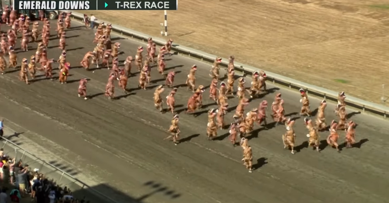 上百名穿暴龍裝的參賽者拔腿狂奔，畫面相當逗趣。（翻攝自Emerald Downs臉書）