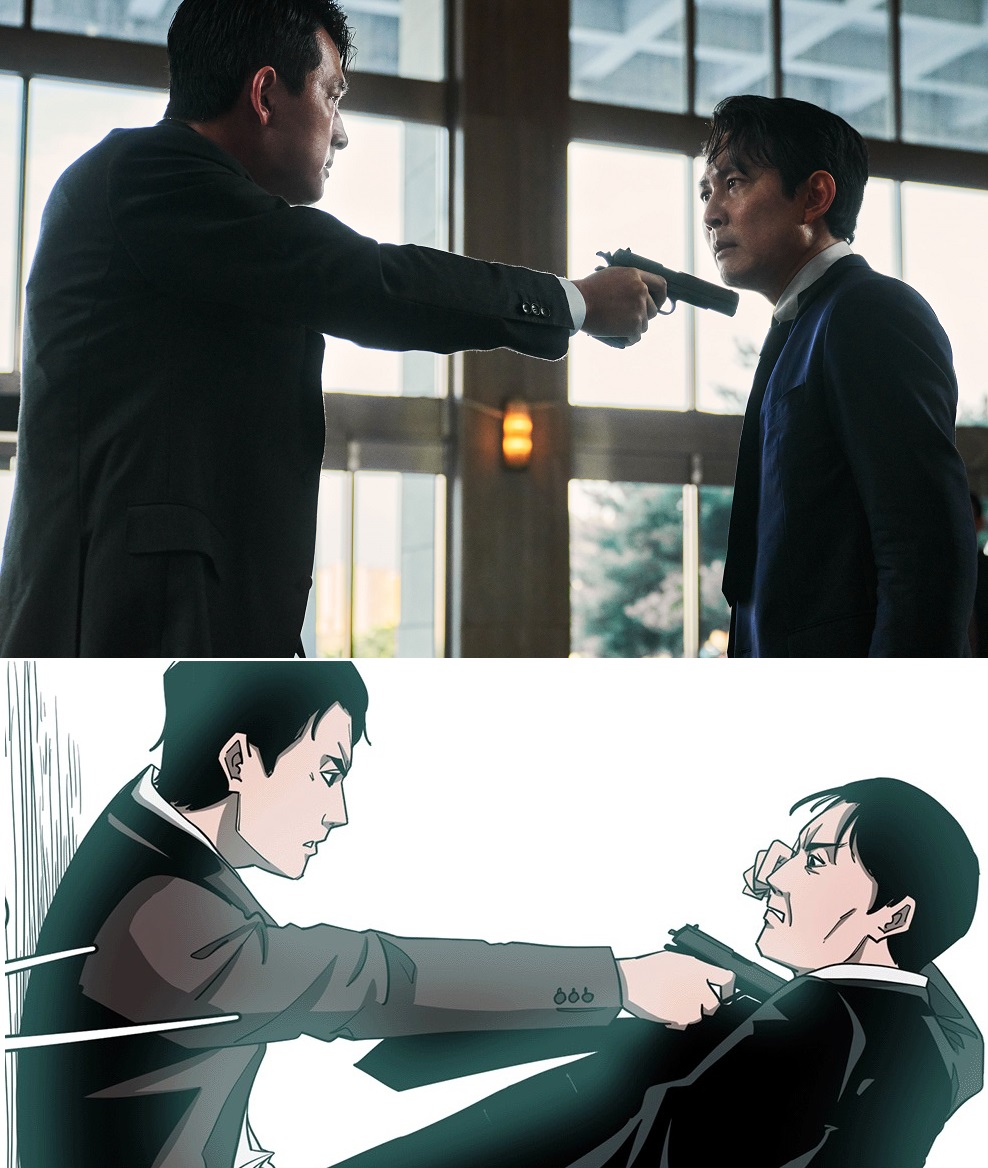 配合電影上映，《梨泰院Class》作家Kwang jin特地親自繪製《獵首密令》網漫版預告。（上圖翻攝自Daum Movie，下圖KAKAO WEBTOON提供）