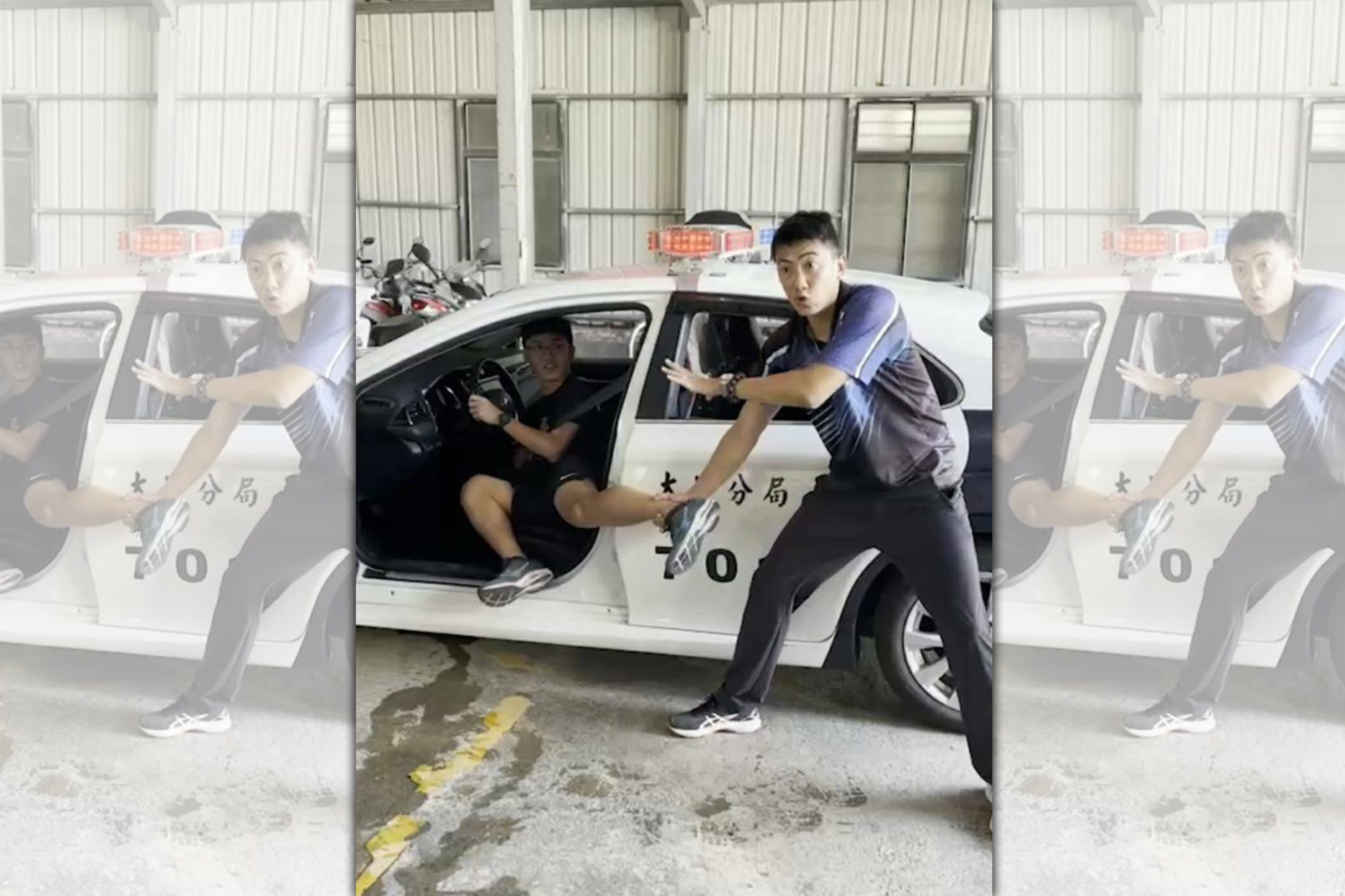 有「警界葉問」的台中市大甲警分局技術教官陳昱佑（右），親身示範面對歹徒企圖開車逃逸或衝撞時，安全的處置方式。（警方提供）