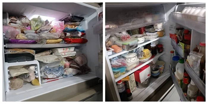 網友在網路分享家中被媽媽塞爆的冰箱，戲稱媽媽是「冰箱殺手」。（翻攝Dcard）