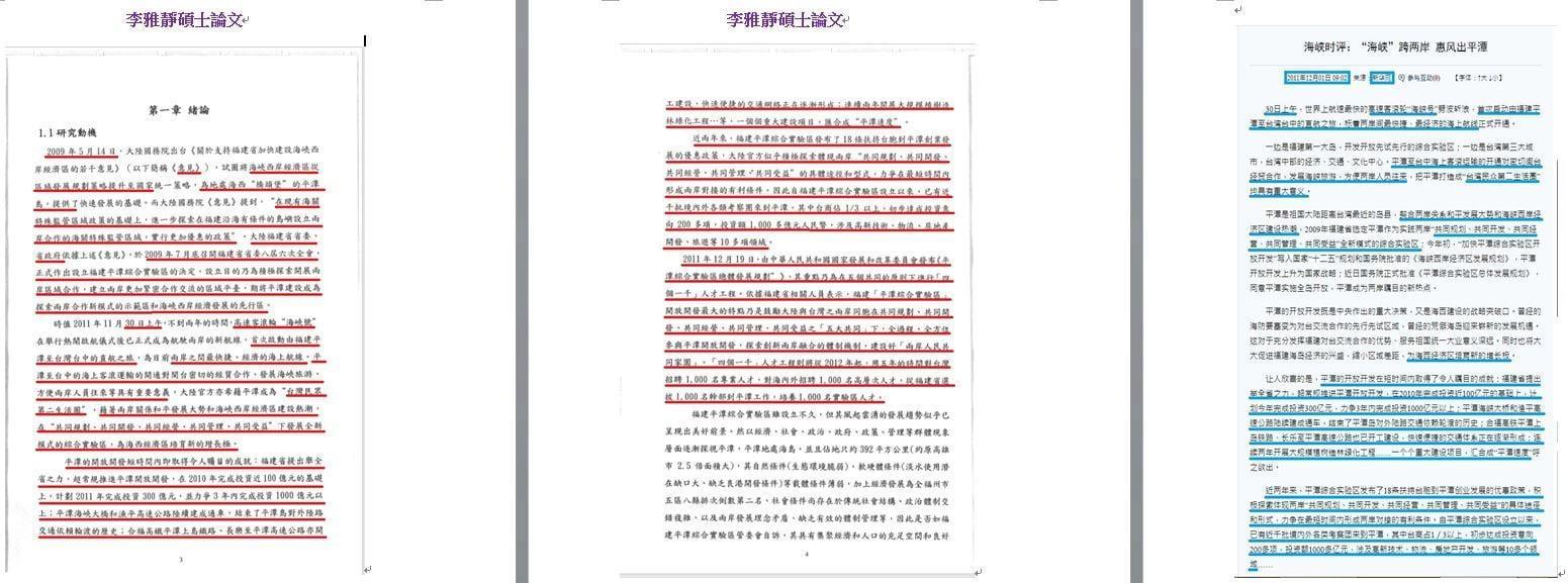 吳佩蓉比對李雅靜論文抄襲的源頭，絕大多數來自指導教授汪明生的著作、新聞報導與中國的網站內容。（翻攝吳佩蓉臉書）
