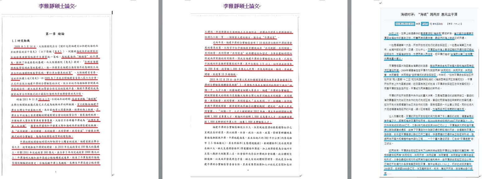 吳佩蓉比對李雅靜論文抄襲的源頭，絕大多數來自指導教授汪明生的著作、新聞報導與中國的網站內容。（翻攝吳佩蓉臉書）