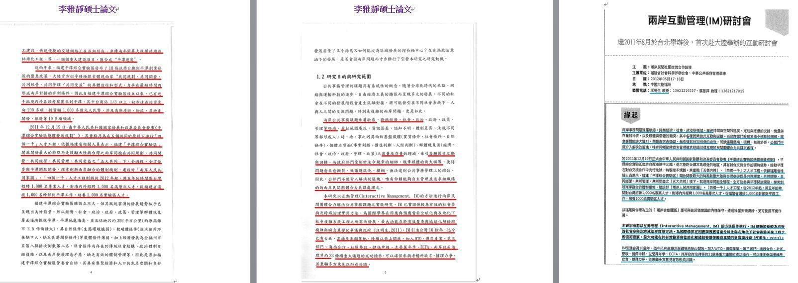 吳佩蓉比對李雅靜論文抄襲的源頭，絕大多數來自指導教授汪明生的著作、新聞報導與中國的網站內容。（翻攝吳佩蓉臉書）