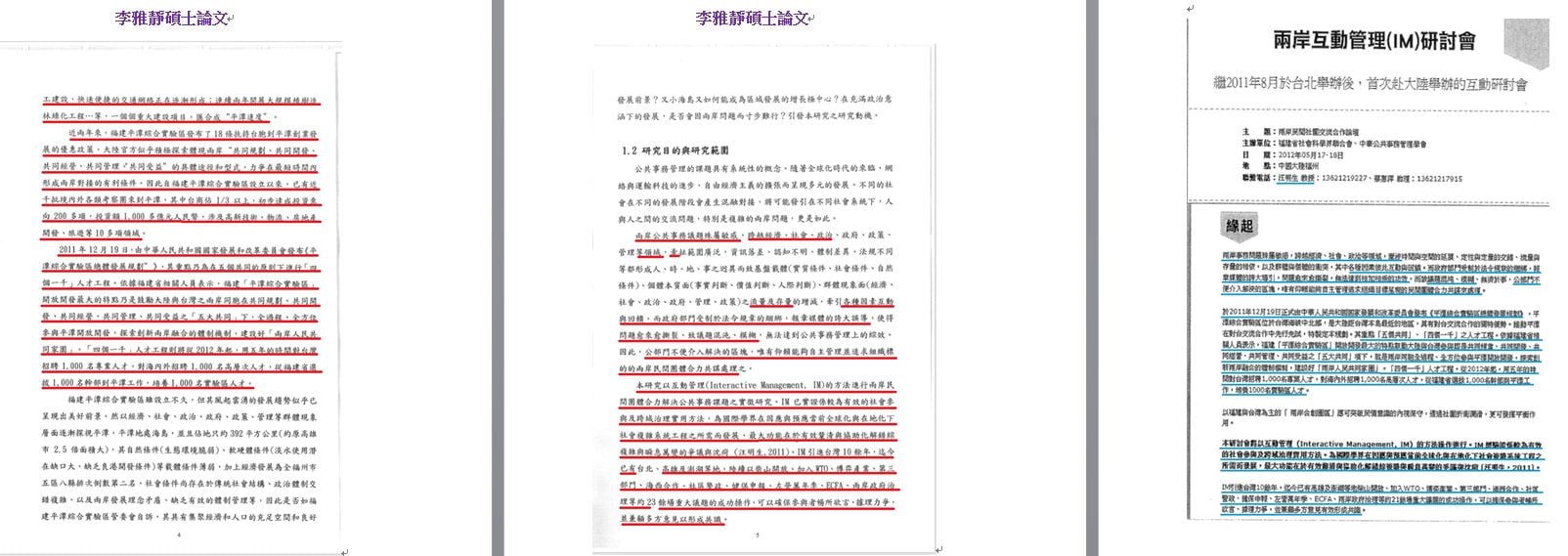 吳佩蓉比對李雅靜論文抄襲的源頭，絕大多數來自指導教授汪明生的著作、新聞報導與中國的網站內容。（翻攝吳佩蓉臉書）