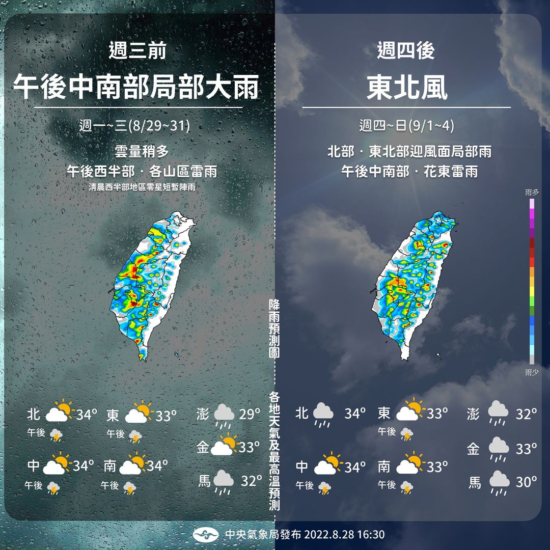下週四到週日則受東北風影響北部及東北部降雨增加,民眾外出要記得帶傘。(翻攝自「報天氣 - 中央氣象局」臉書)