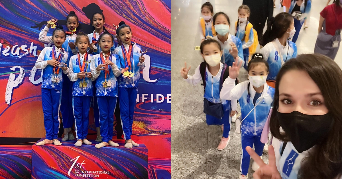 瑞莎（右圖前）帶小選手們赴馬來西亞比賽，收穫10面金牌。（翻攝自瑞莎臉書）