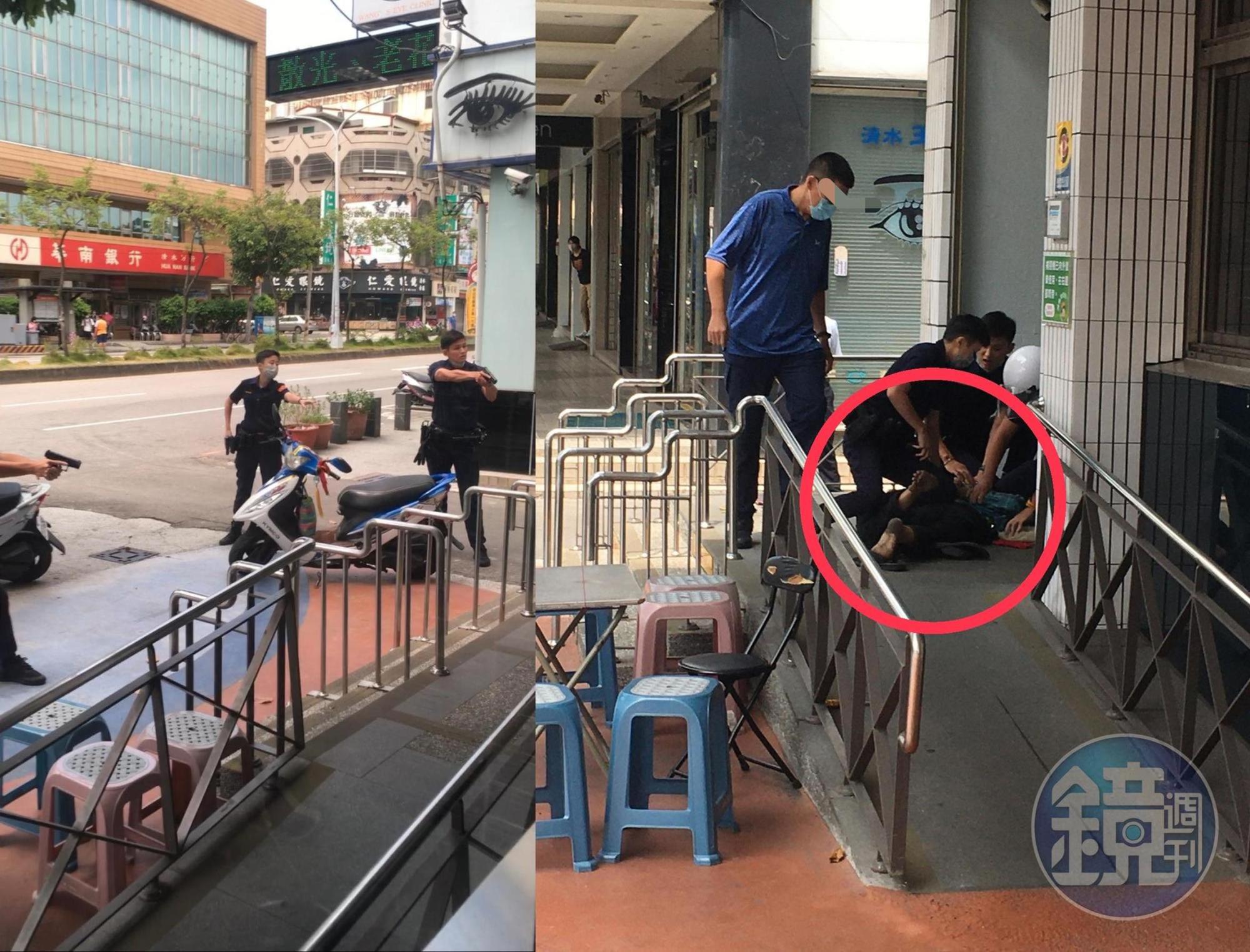 台中清水郵局外一名男子持長刀揮舞，做出隨機砍人舉動，警方迅速到場壓制（紅圈處）。（陳先生授權提供）
