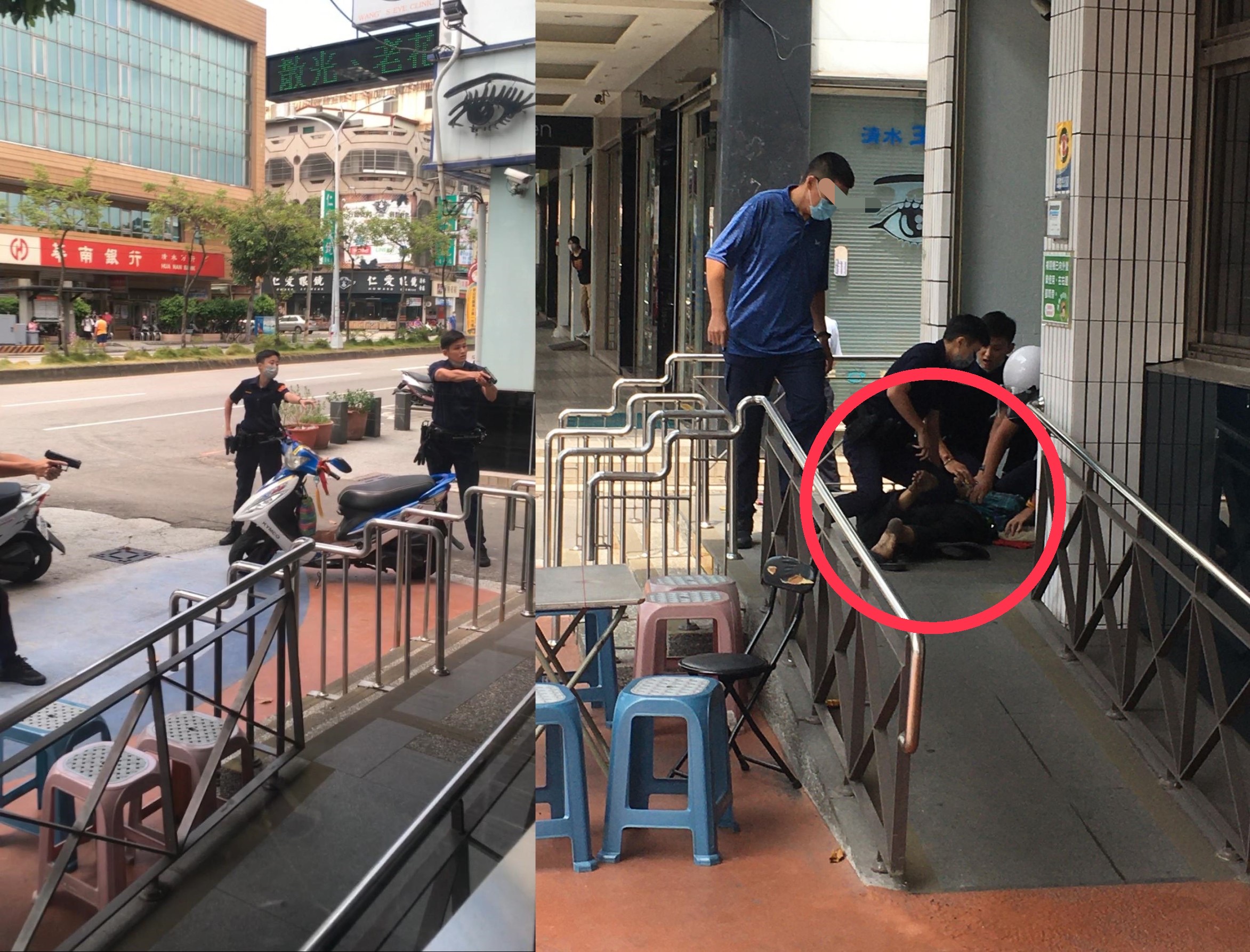 台中清水郵局外一名男子持長刀揮舞，做出隨機砍人舉動，警方迅速到場壓制（紅圈處）。（陳先生授權提供）