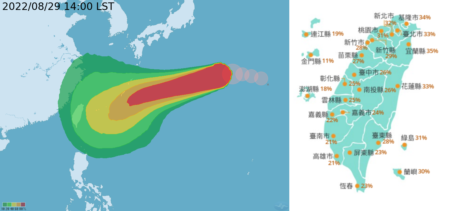 軒嵐諾暴風圈襲台機率圖。（中央氣象局提供）