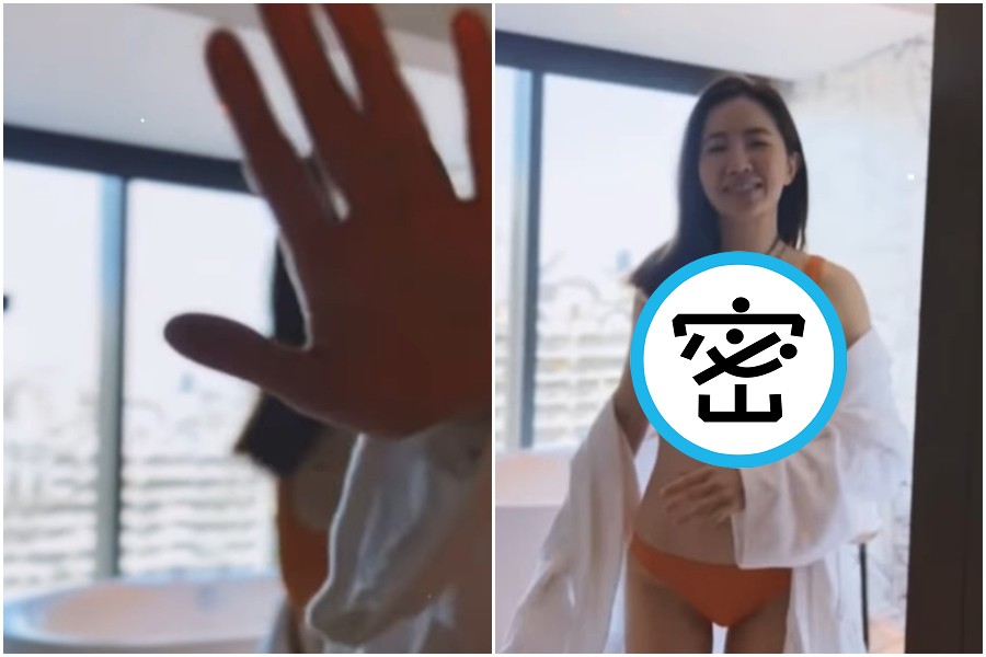 謝忻在浴室裡被突擊，浴袍沒穿好讓「南北半球」全被看光。（翻攝自IG xiexin1127）