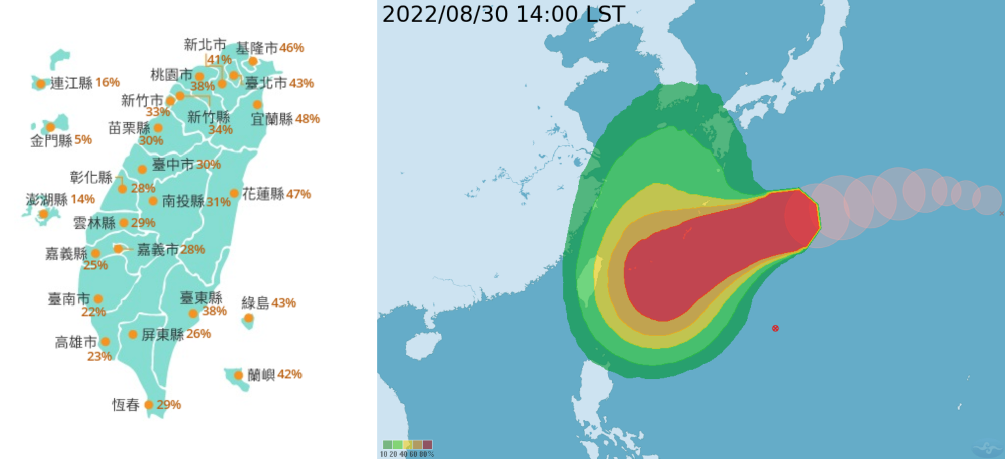 軒嵐諾暴風圈侵襲機率,以宜蘭縣48%為最高,東北部也有超過40%。(中央氣象局提供)