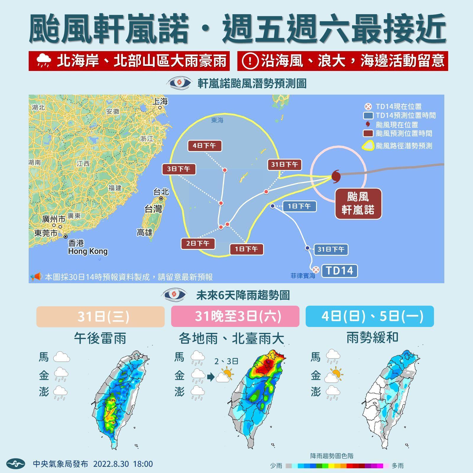 強颱軒嵐諾週五、週六最接近台灣。(翻攝自報天氣 - 中央氣象局臉書)