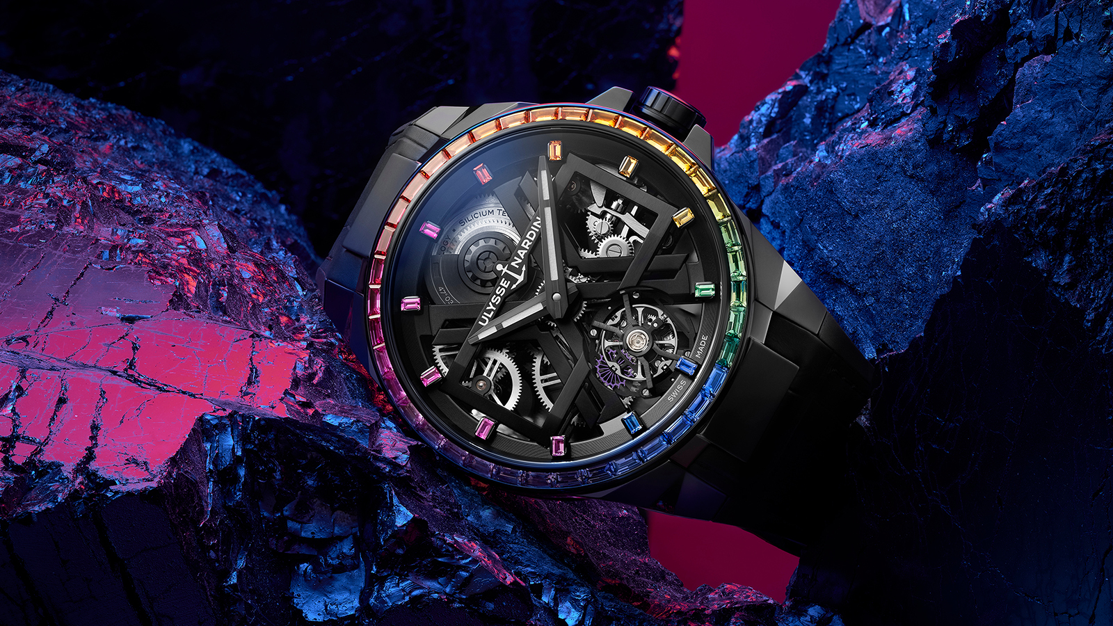 Blast Tourbillon Rainbow|錶徑45mm/黑色DLC鈦金屬錶殼/UN-172自動上鍊機芯/時、分指示/防水50米/定價NT$2,810,100(限量50只)