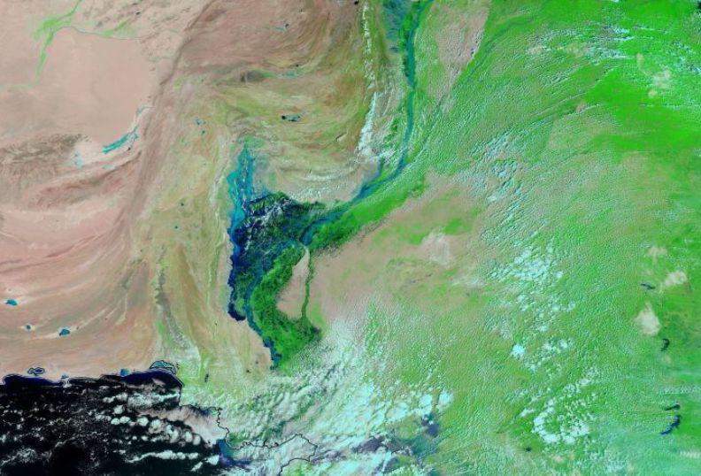 巴基斯坦洪災嚴重導致出現超大湖泊。(翻攝modis.gsfc.nasa.gov)